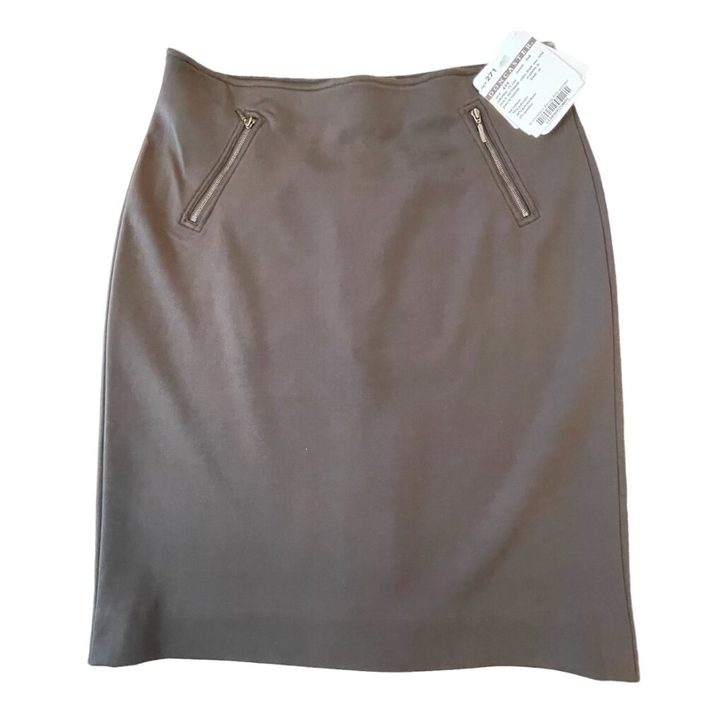 Doncaster Women Dark Brown Skirt Size 10 Stretch Front Zip Pockets 7" Back Slit